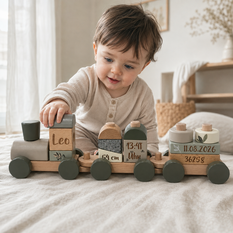 Baby mit personalisiertem Holzzug zur Geburt in Olivgrün mit Name Leo, Größe, Uhrzeit, Geburtsdatum und Geburtsgewicht