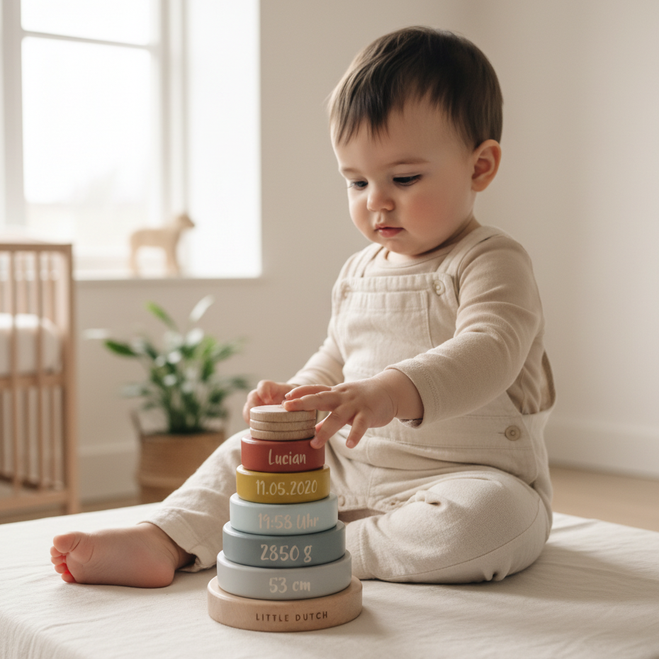 Baby spielt mit personalisiertem Holz-Stapelturm mit Name und Geburtsdaten als individuelles Geschenk zur Geburt