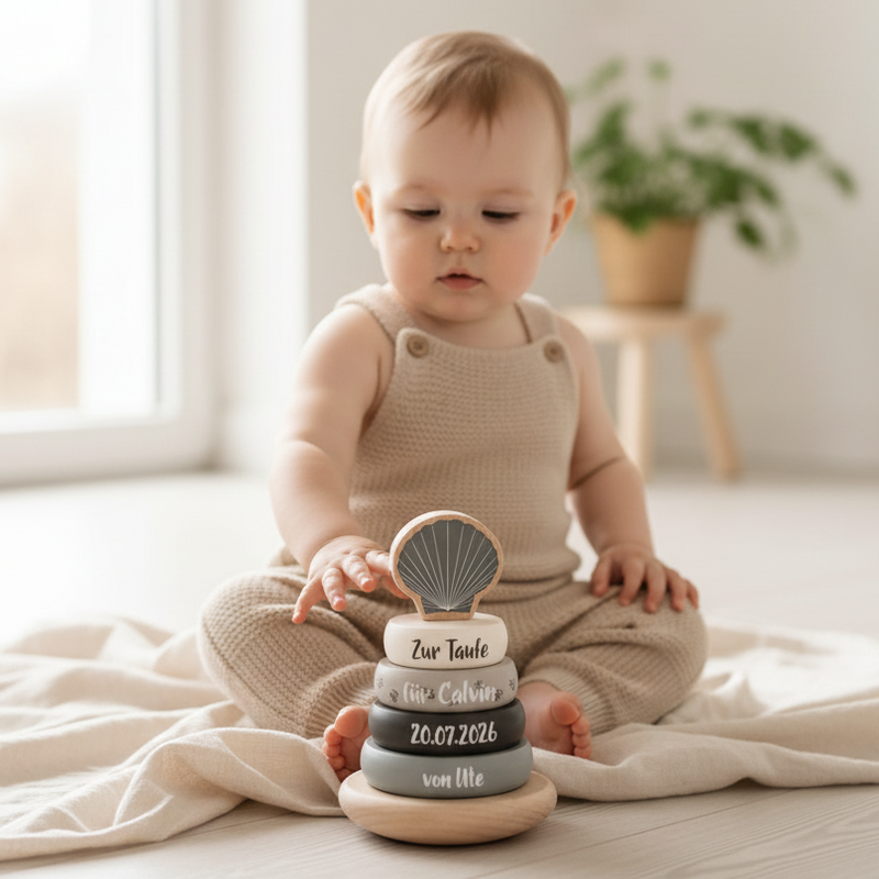 Baby mit personalisiertem Holz-Stapelturm und Muschel zur Taufe, gestaltet mit Name, Taufdatum und Widmung – individuelles Taufgeschenk.