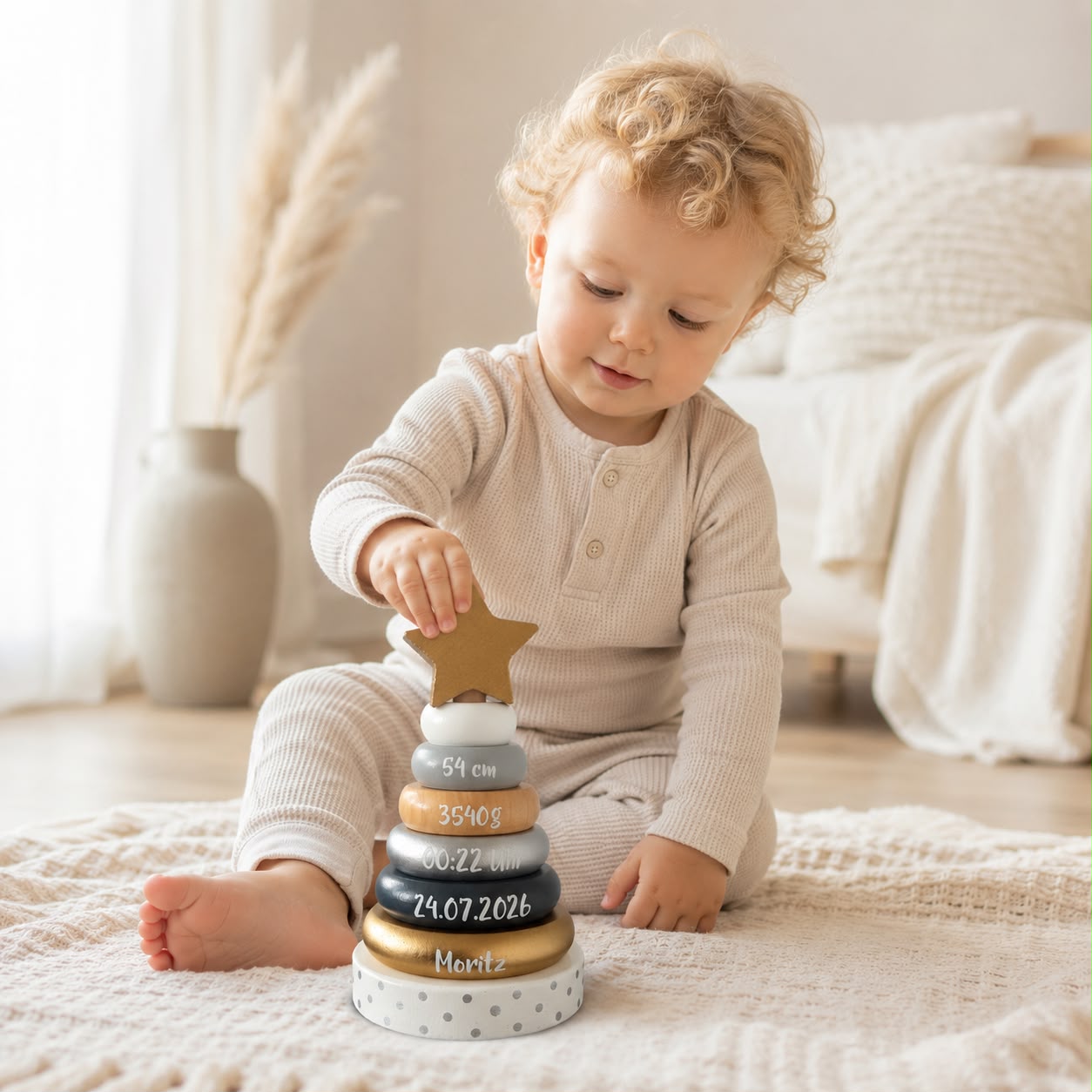 Personalisierter Stapelturm aus Holz mit Geburtsdaten als Babygeschenk zur Geburt. Baby spielt mit dem hochwertigen Erinnerungsgeschenk im hellen skandinavischen Kinderzimmer.