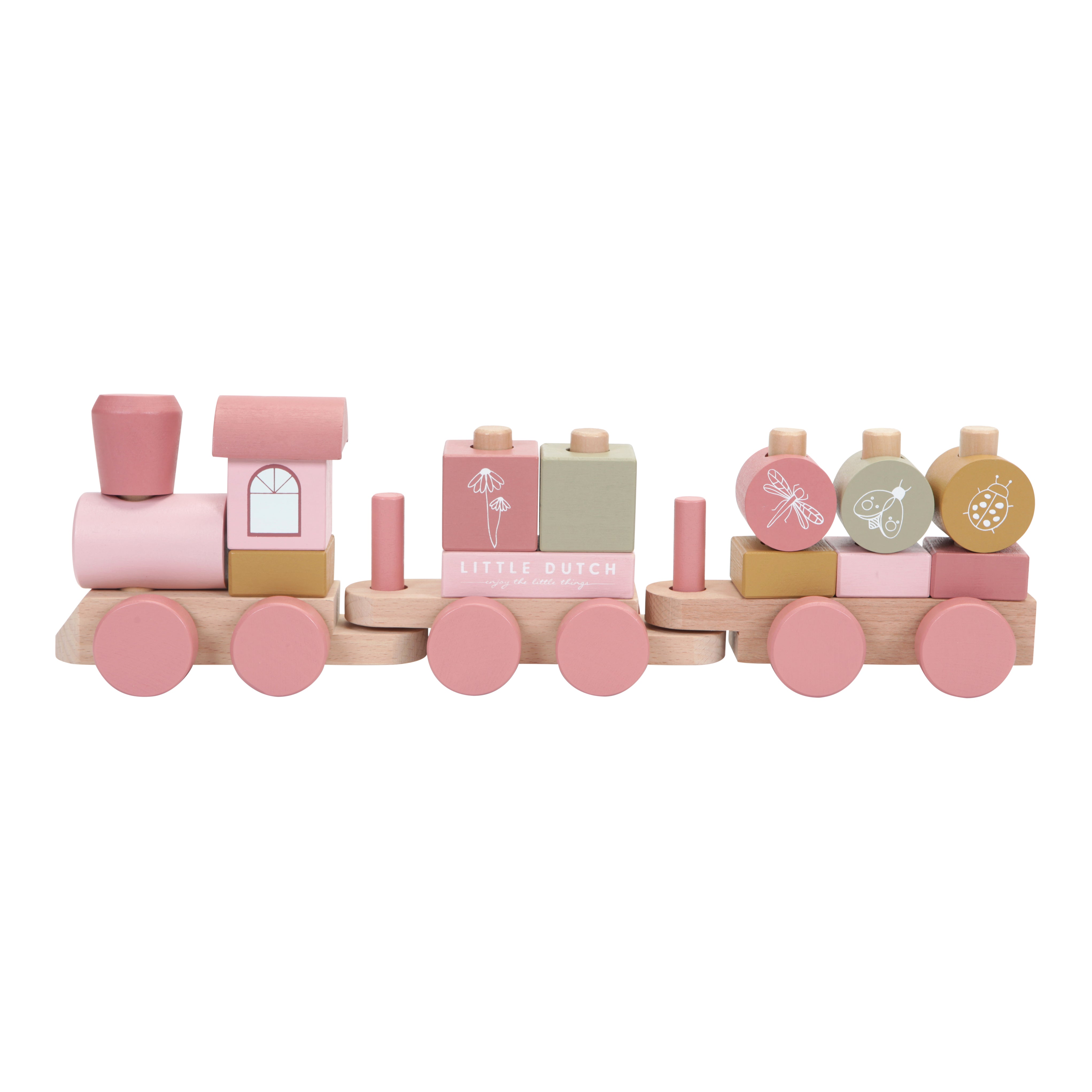 Personalisierter rosa Holzzug als Babygeschenk zur Geburt mit individuellen Daten des Kindes