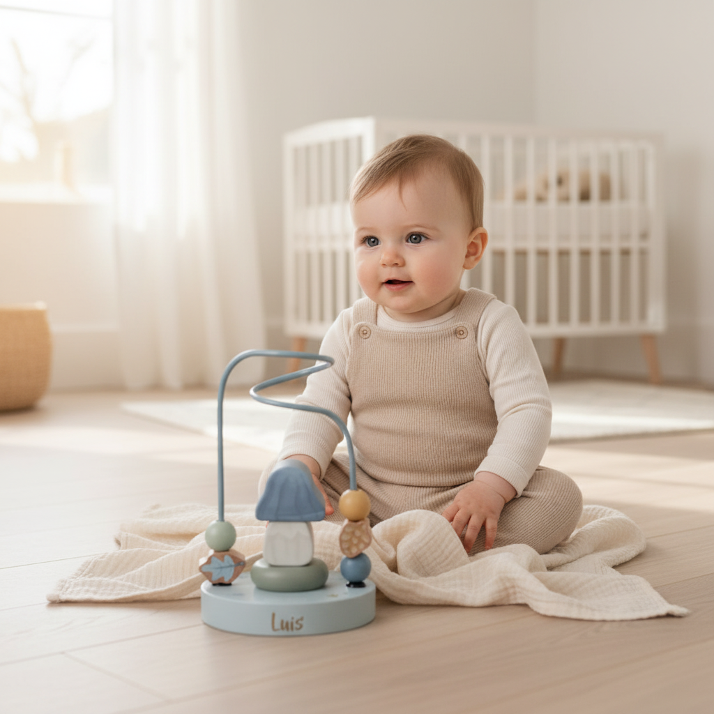 Kleinkind mit personalisierter Little Dutch Aktivitätsspirale Forest Friends und Namen Luis – Geschenk zum ersten Geburtstag.