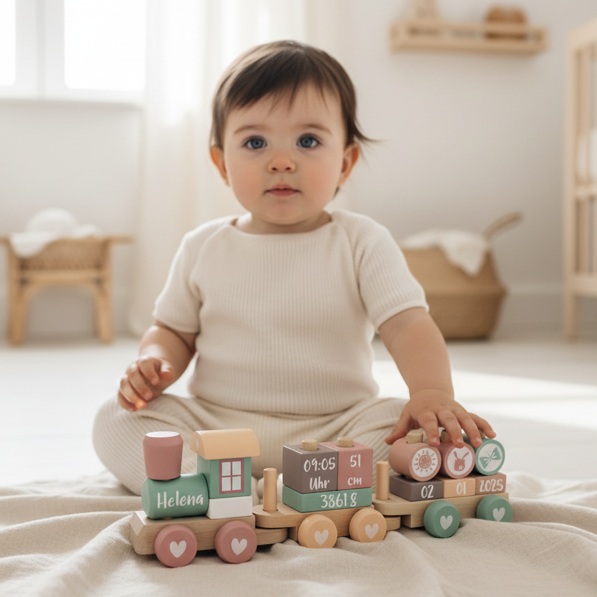 Baby mit personalisiertem Holzzug Adventure Pink mit Name und Geburtsdaten