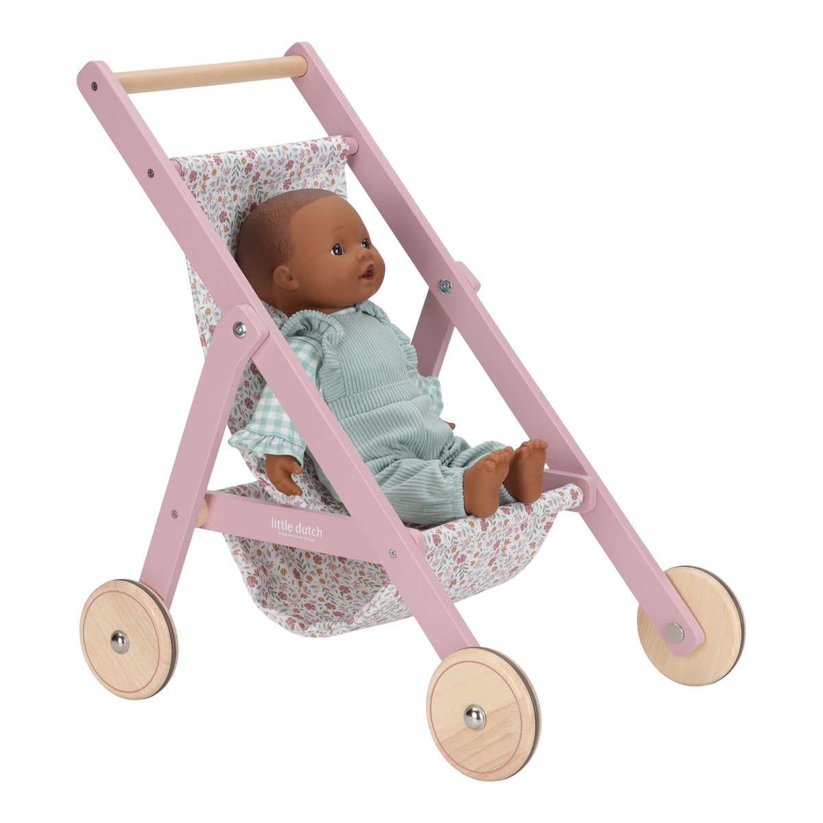 Holz Puppenbuggy mit Babypuppe als Geschenk für Kinder. Stabiler Puppenwagen aus Holz für fantasievolle Rollenspiele, Spaziergänge und stundenlangen Spielspaß im Kinderzimmer.