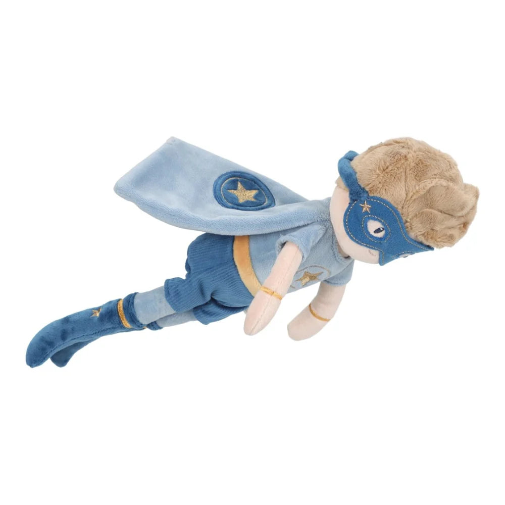 Weiche blaue Superhelden-Kuschelpuppe mit Maske, Umhang und Stiefeln für Kinder auf weißem Hintergrund