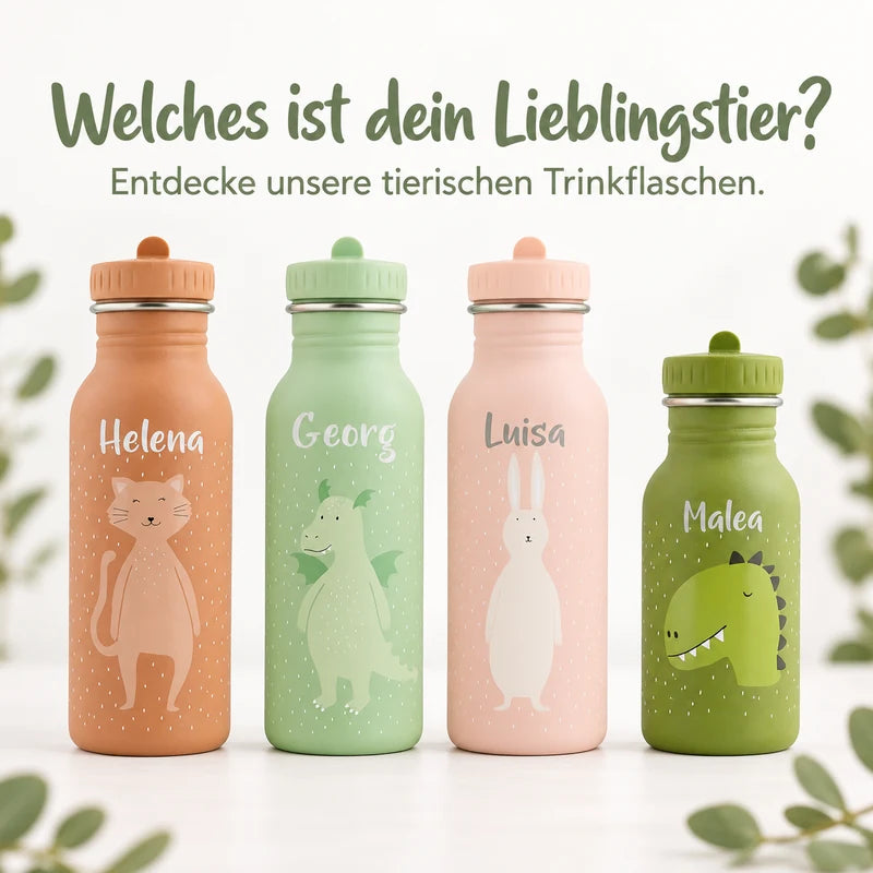 Vier personalisierte Trixie-Trinkflaschen mit Katze, Drache und Hase in 500 ml sowie dem kleineren Dino in 350 ml unter „Welches ist dein Lieblingstier?