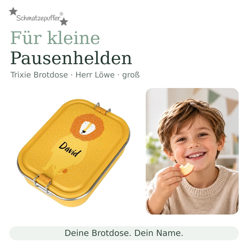 Trixie Brotdose Herr Löwe groß mit dem Namen David neben einem Kind bei der Snackpause