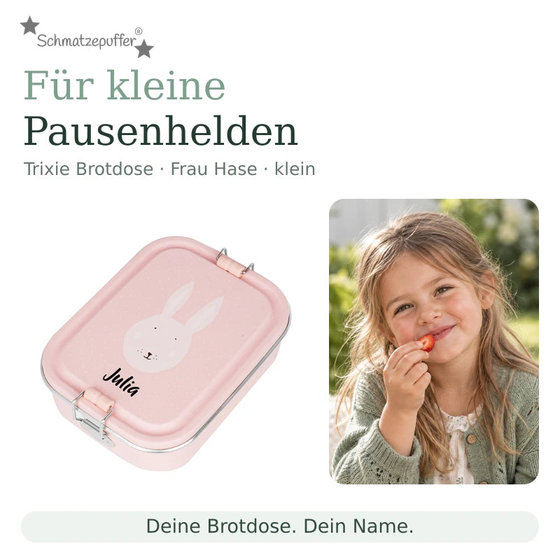Trixie Brotdose Frau Hase klein mit dem Namen Julia neben einem Kind bei der Snackpause