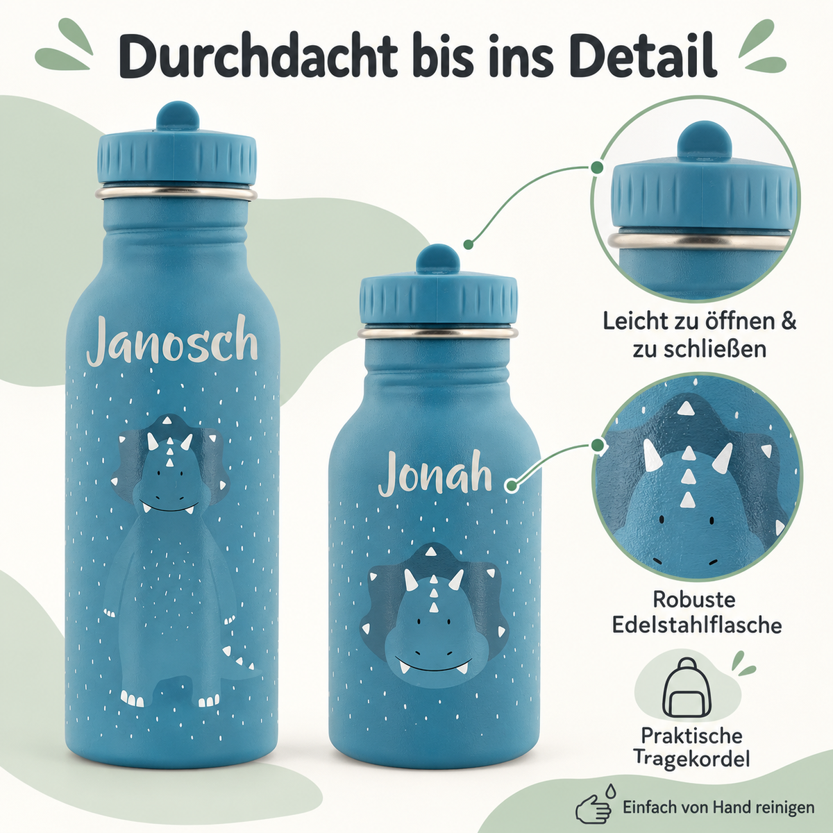 Trixie Trinkflasche 350ml Herr Triceratops – Infografik mit Trinköffnung, Trageschlaufe und Produktdetails