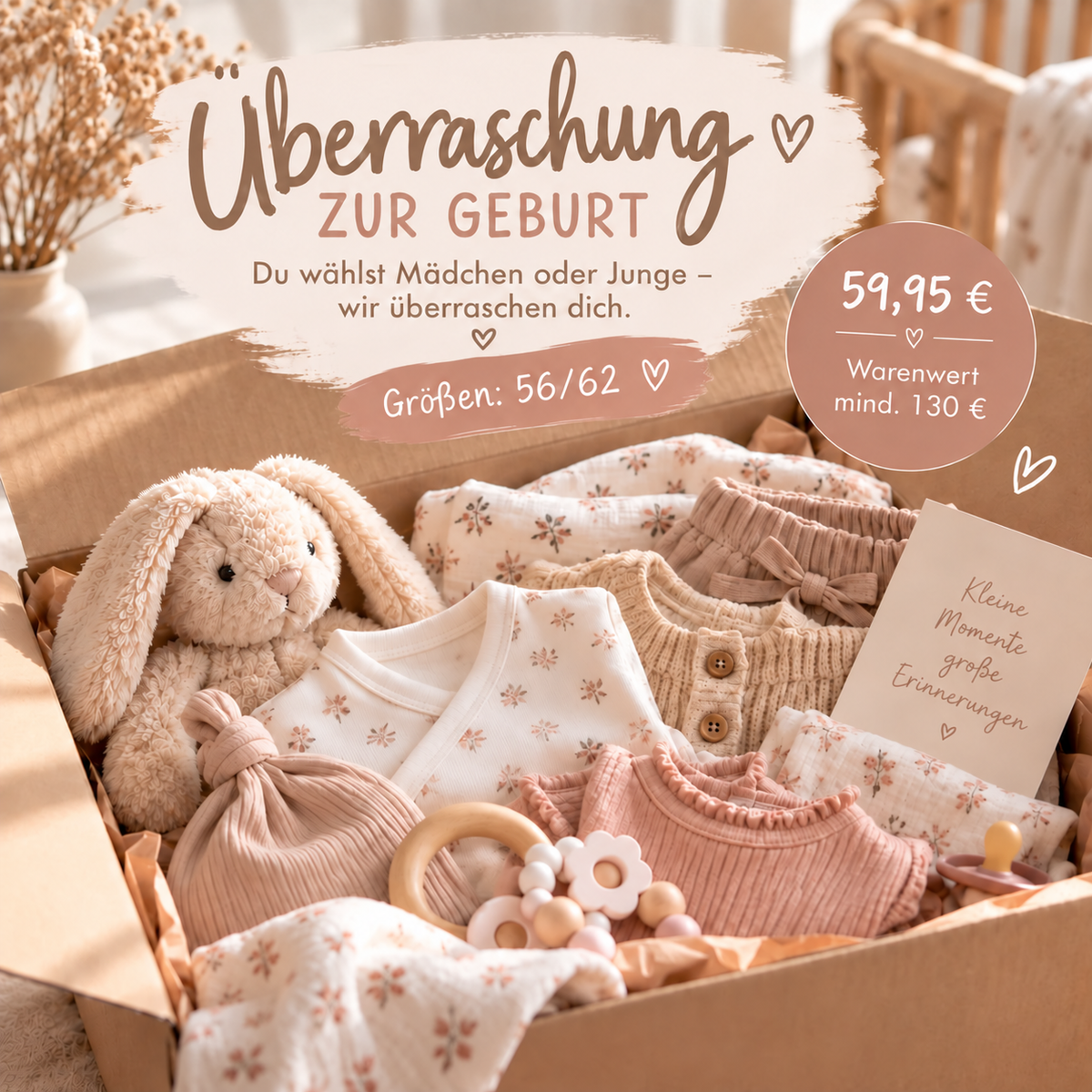 Überraschungsbox zur Geburt mit Babykleidung, Kuschelhase und Accessoires als Beispielinhalt – mindestens 130 € Warenwert für 59,95 €
