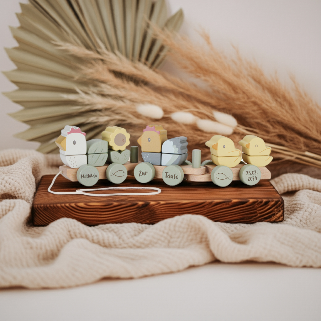 Train en bois personnalisé poule avec nom – Cadeau de baptême | Schmatzepuffer