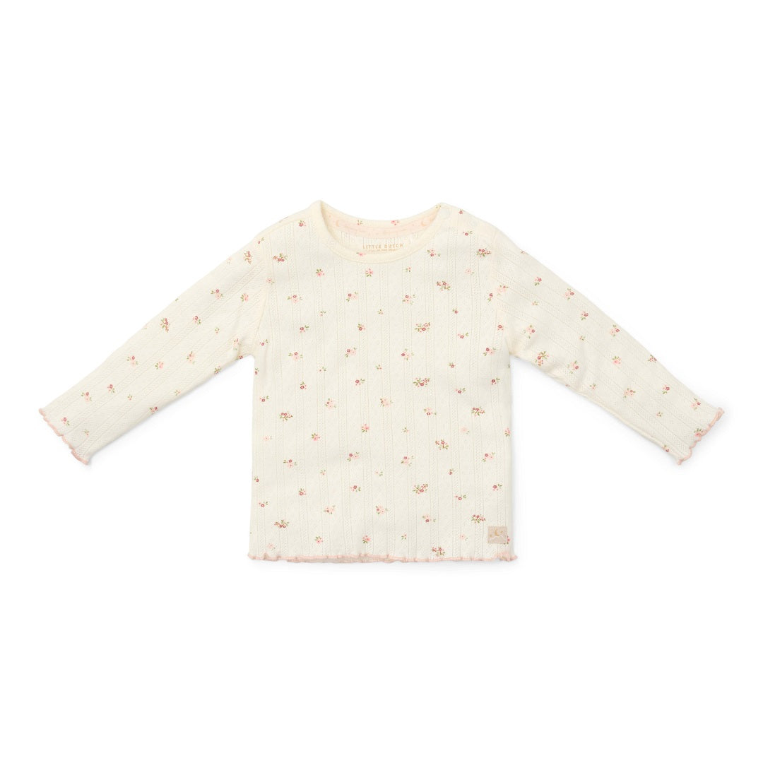 Zweiteiliger Little Dutch Pyjama Fairy Blossom mit kleinen rosa Blumen auf weißem Bio-Baumwollstoff