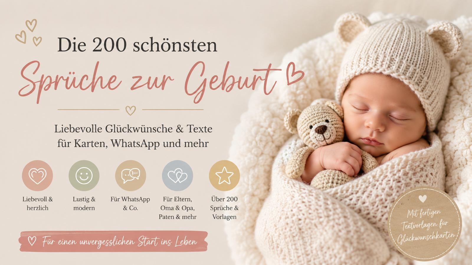 Die 200 schönsten Sprüche zur Geburt mit liebevollen Glückwünschen, kurzen Texten, WhatsApp-Sprüchen und Zitaten für Glückwunschkarten zur Geburt eines Babys.