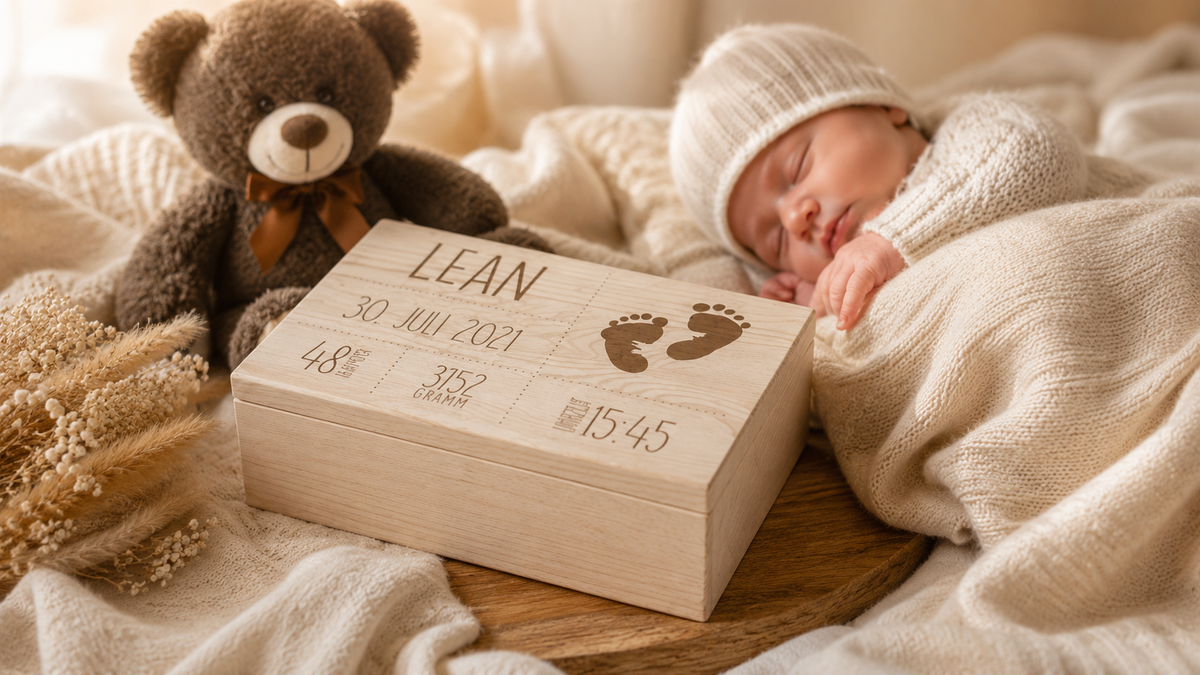 Schlafendes Neugeborenes mit personalisierter Erinnerungskiste und Teddybär als einfühlsame Geschenkidee nach einer Frühgeburt