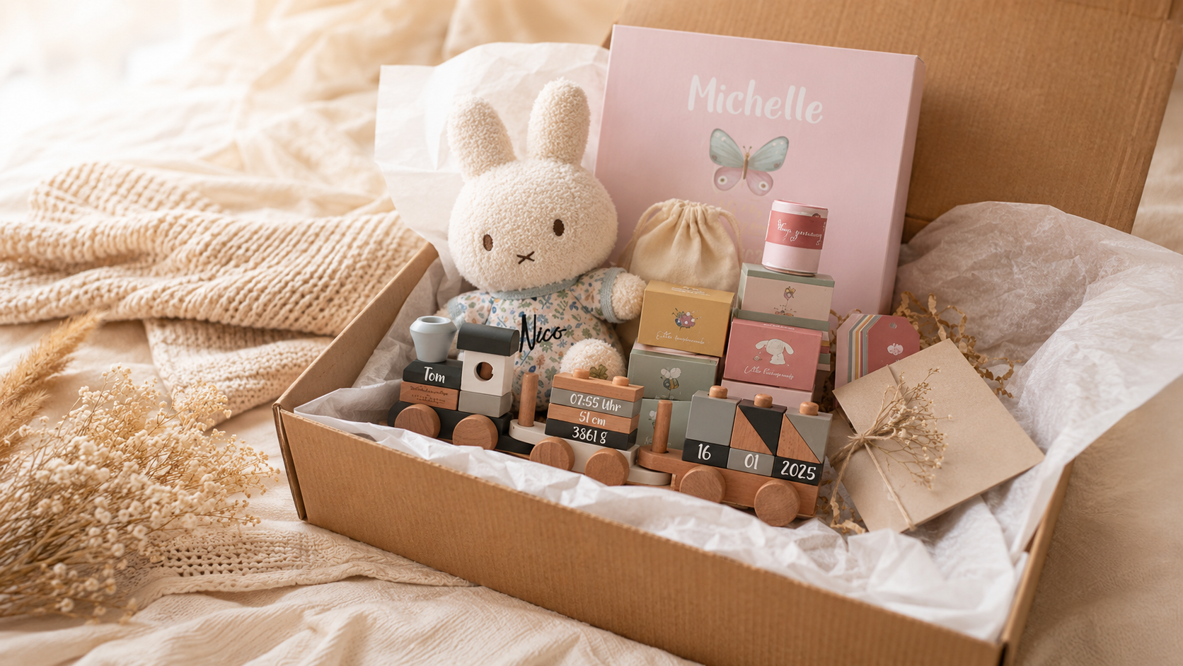 Geöffnete Geschenkbox mit personalisiertem Holzzug, Kuschelhase und Babygeschenken zum direkten Versand zur Geburt