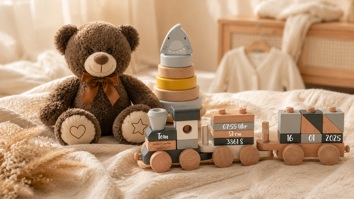 Teddybär, Stapelturm und personalisierbarer Holzzug als Geschenkideen zur Geburt, wenn der Babyname noch nicht feststeht