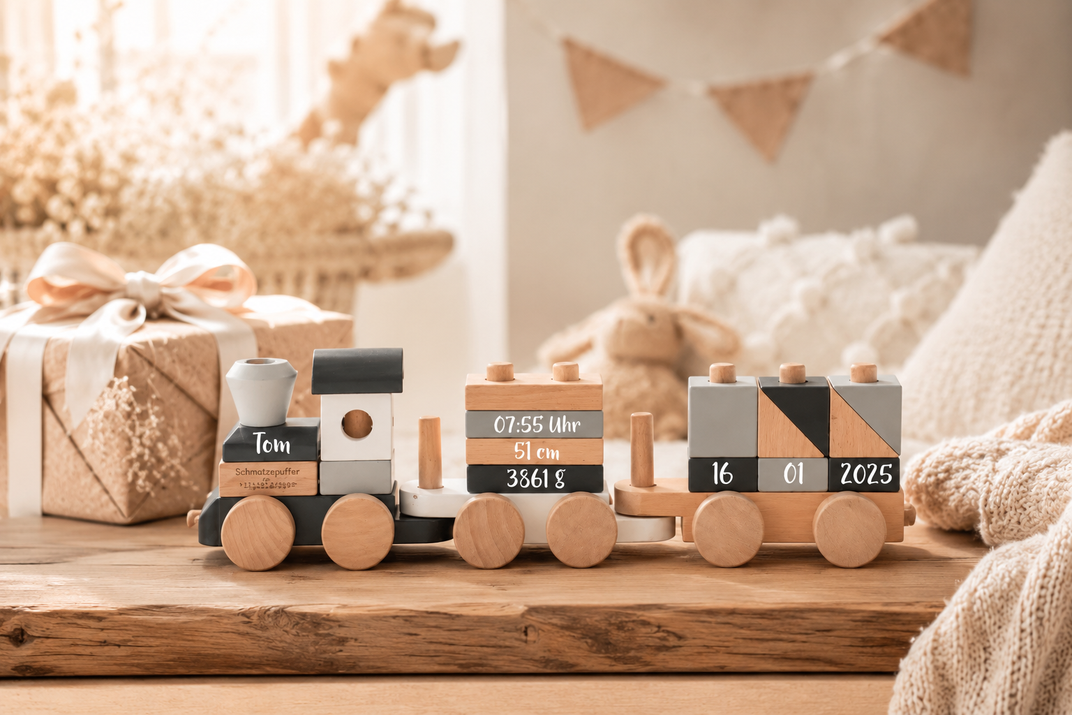 Geschenk zur Geburt fürs zweite Kind – personalisierter Holzzug mit Name und Geburtsdaten im warmen Babyzimmer