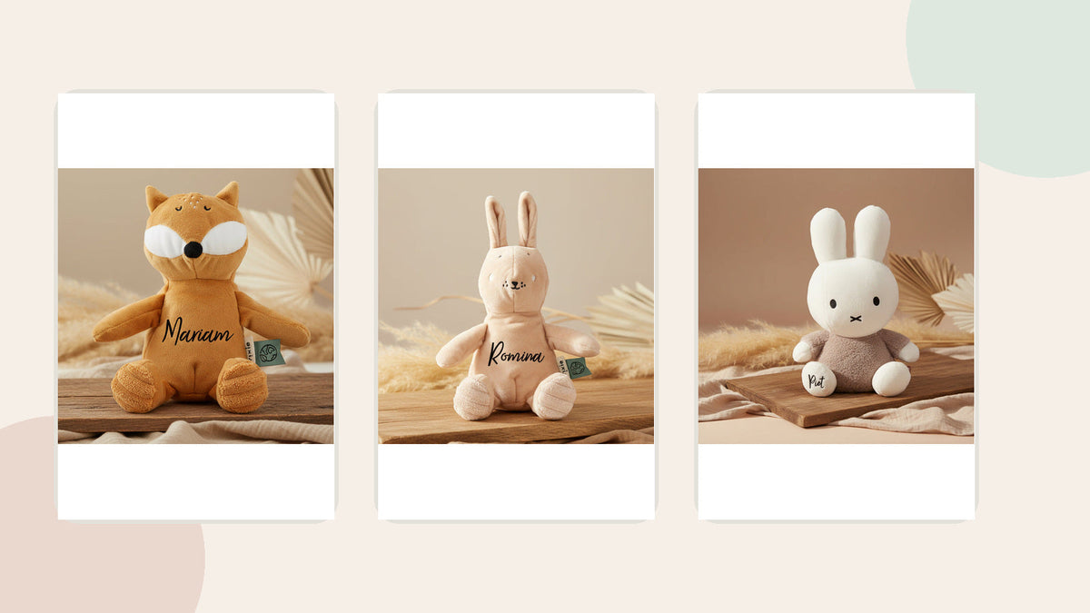 Kuscheltier-Größenvergleich zur Geburt mit Herr Fuchs, Frau Hase und Miffy in drei unveränderten Original-Shopfotos