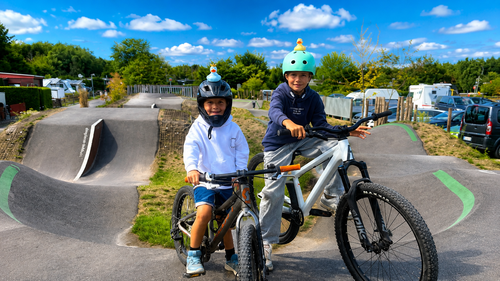 Lenny und Lean aus Bocholt mit Enten auf ihren Fahrradhelmen auf dem Pumptrack der Dingdener Heide