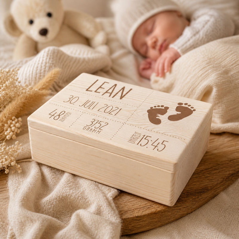 Geschenk zur Geburt personalisiert mit Name und Geburtsdaten – Erinnerungsbox neben Baby als bleibende Erinnerung