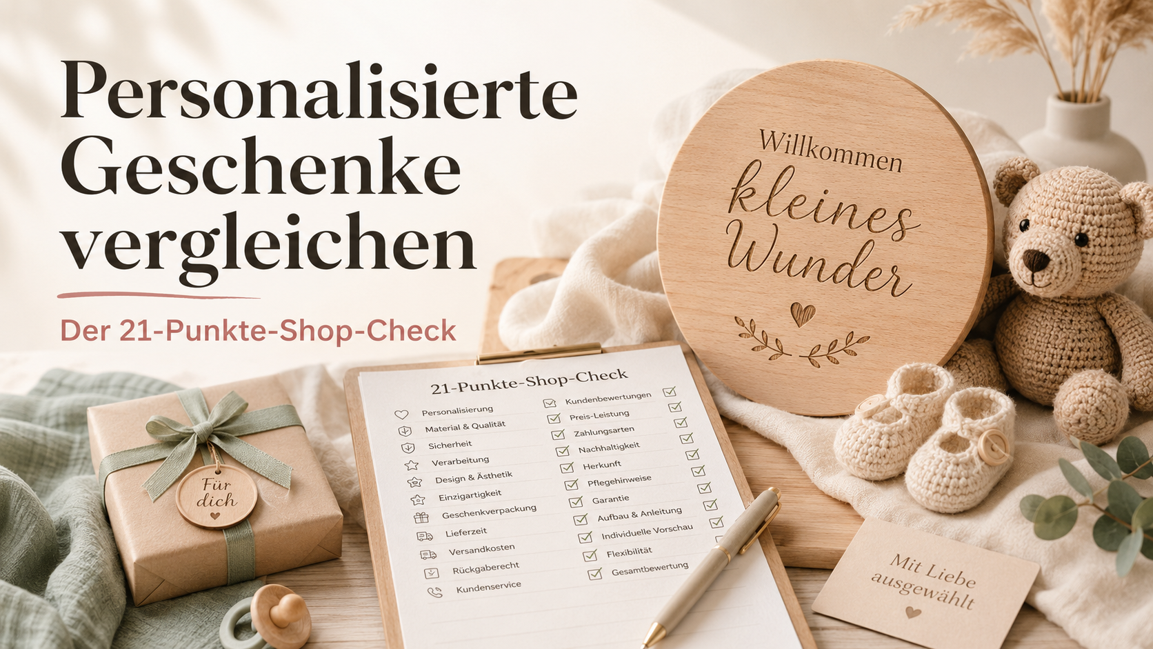 Personalisierte Geschenke zur Geburt vergleichen – 21-Punkte-Shop-Check mit Babygeschenk, Holzschild und Checkliste