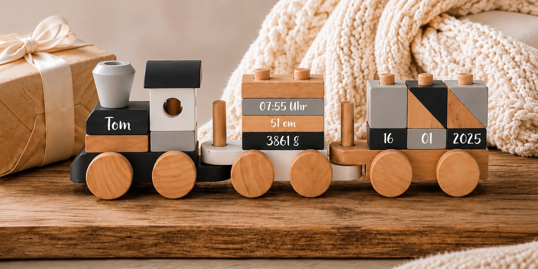 Personalisierter Holzzug mit Name und Geburtsdaten als Geschenk zur Geburt von Oma und Opa auf einem Holztisch im gemütlichen Babyzimmer
