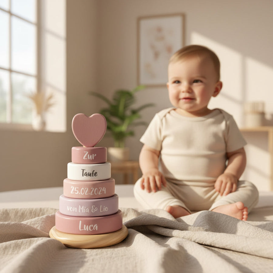 Personalisierter Stapelturm zur Taufe – Geschenkidee mit Name bei Schmatzepuffer