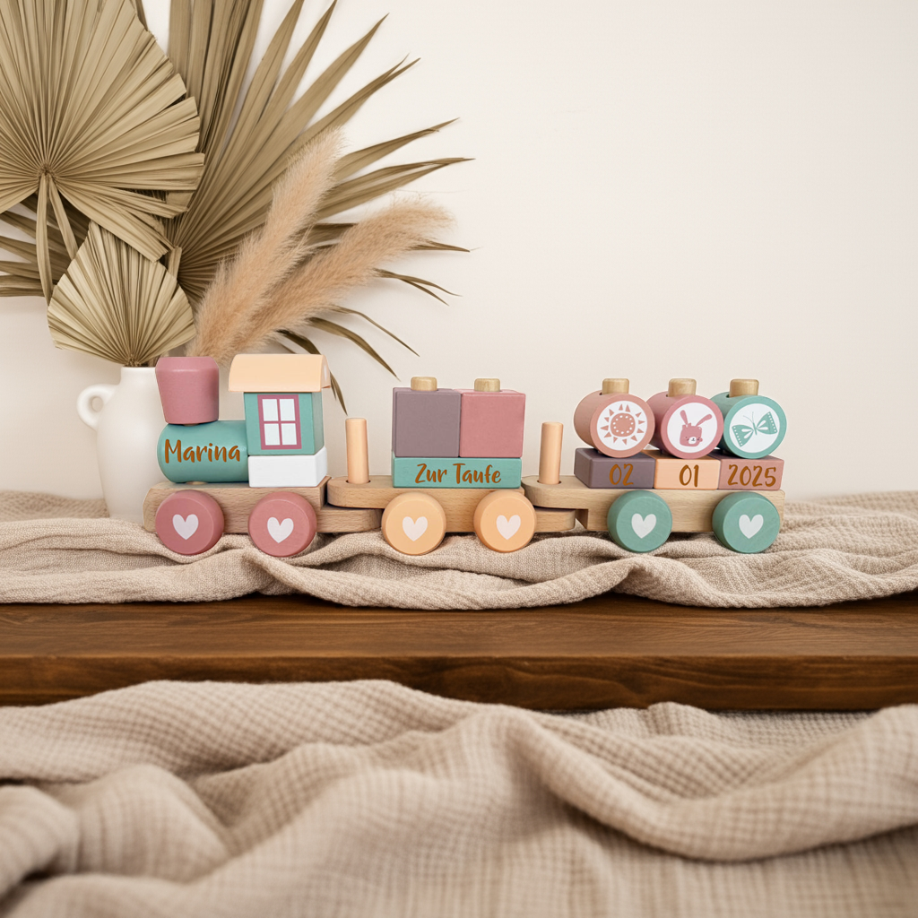 Personalisierter Holz-Zug Adventure Pink - Geschenk zur Taufe