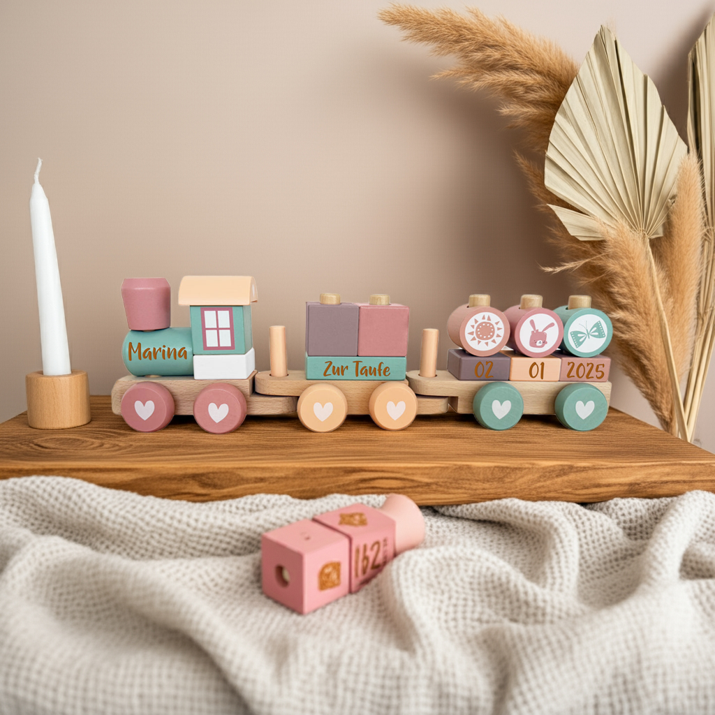 Personalisierter Holz-Zug Adventure Pink - Geschenk zur Taufe