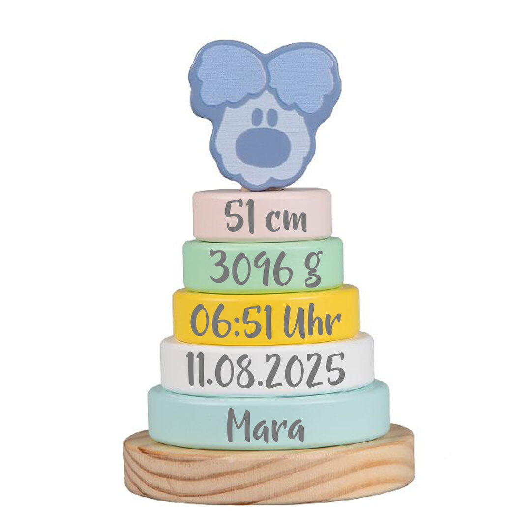 Personalisierter Stapelturm Wusel Baby – Geschenk zur Geburt | Schmatzepuffer