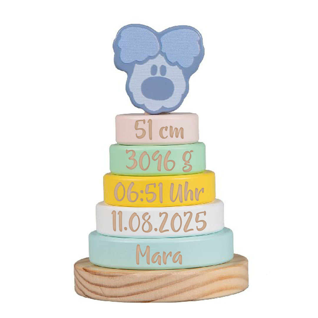 Personalisierter Stapelturm Wusel Baby – Geschenk zur Geburt | Schmatzepuffer