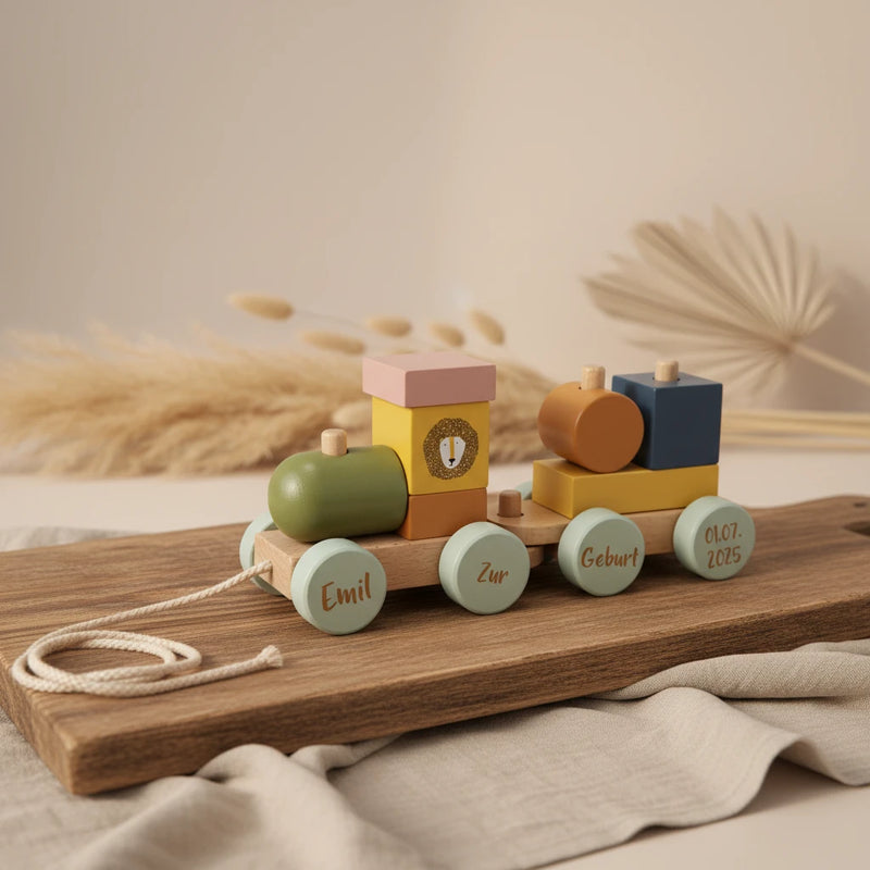 Personalisierter Holz-Zug Tier Eisenbahn – Geschenk zur Geburt | Schmatzepuffer