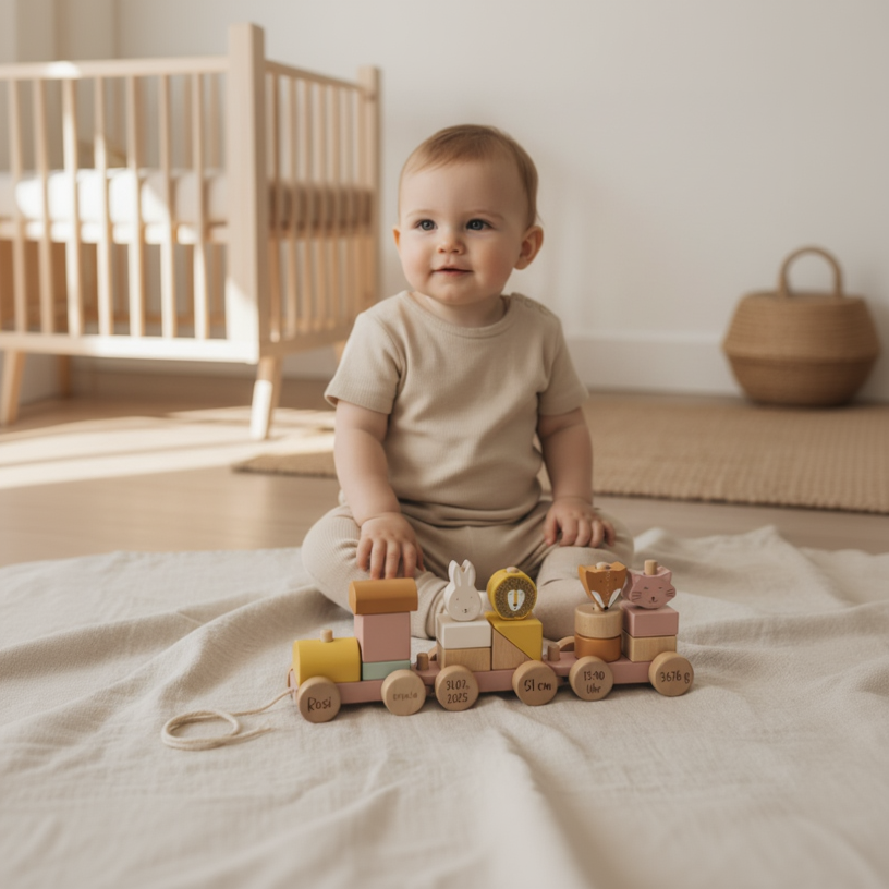 Train en bois personnalisé animaux Madame le chat – Cadeau de naissance | Schmatzepuffer