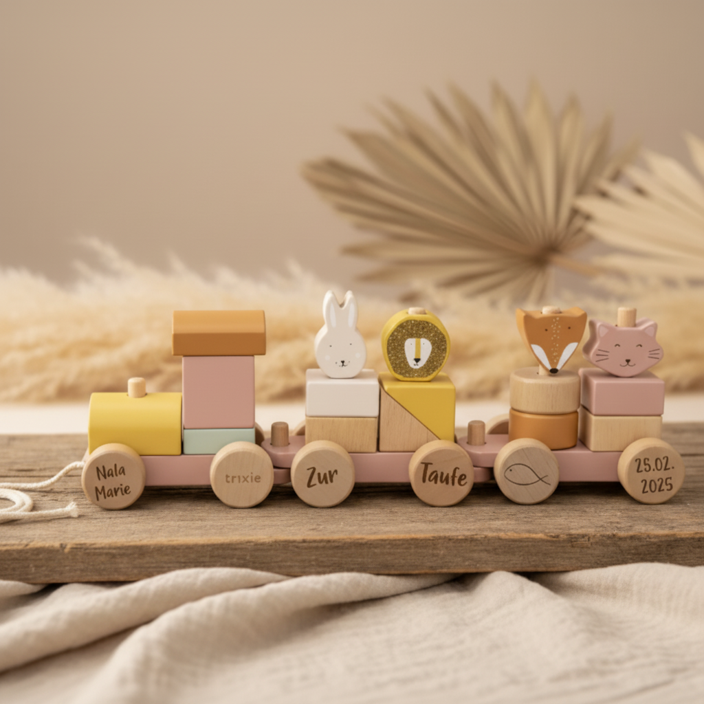 Personalisierter Holz-Zug Tiere Frau Katze – Geschenk zur Taufe | Schmatzepuffer