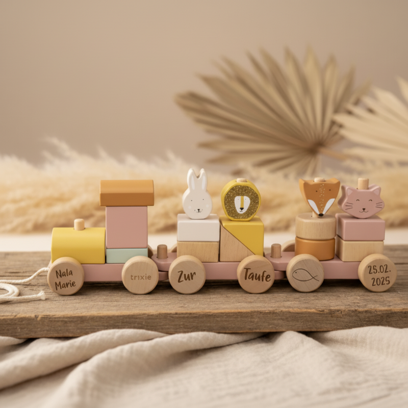 Personalisierter Holz-Zug Tiere Frau Katze – Geschenk zur Taufe | Schmatzepuffer