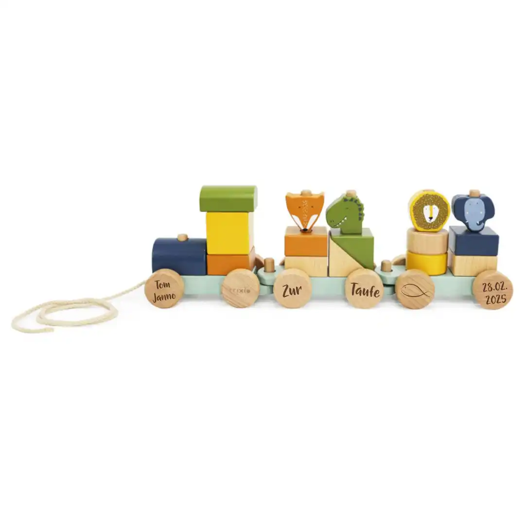 Personalisierter Holz-Zug Tier – Geschenk zur Taufe | Schmatzepuffer