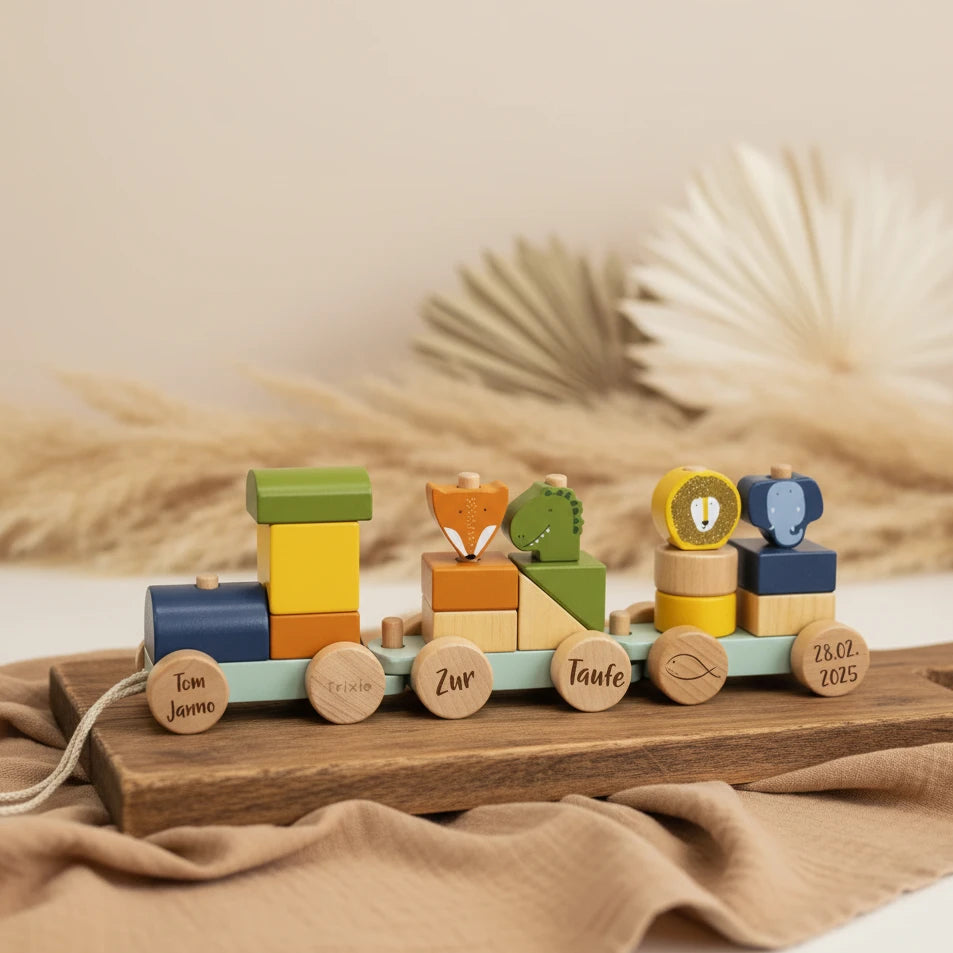 Personalisierter Holz-Zug Tier – Geschenk zur Taufe | Schmatzepuffer
