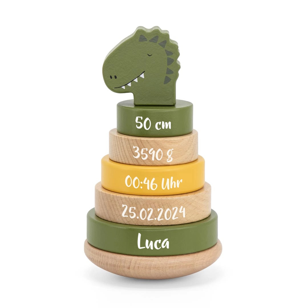 Personalisierter Holz Stapelturm Herr Dino – Geschenk zur Geburt | Schmatzepuffer