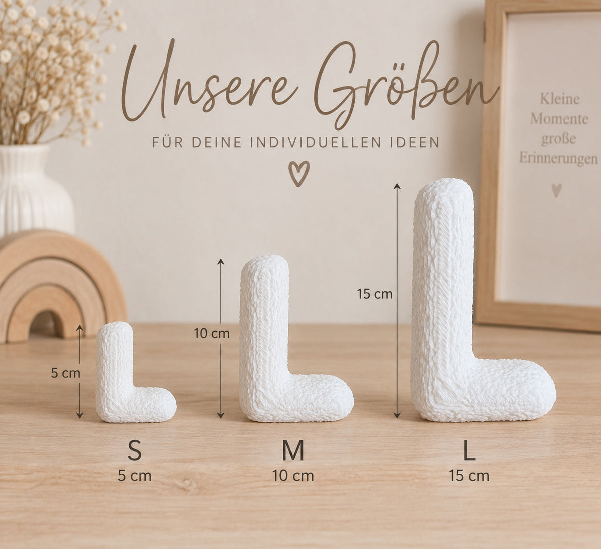 Größenvergleich der 3D Bubble Letter in S 5 cm, M 10 cm und L 15 cm