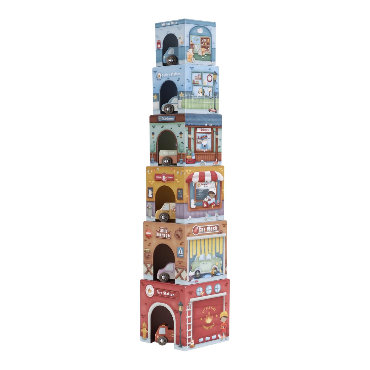 Cubes à empiler avec voitures pour univers de jeux de train en bois | Schmatzepuffer