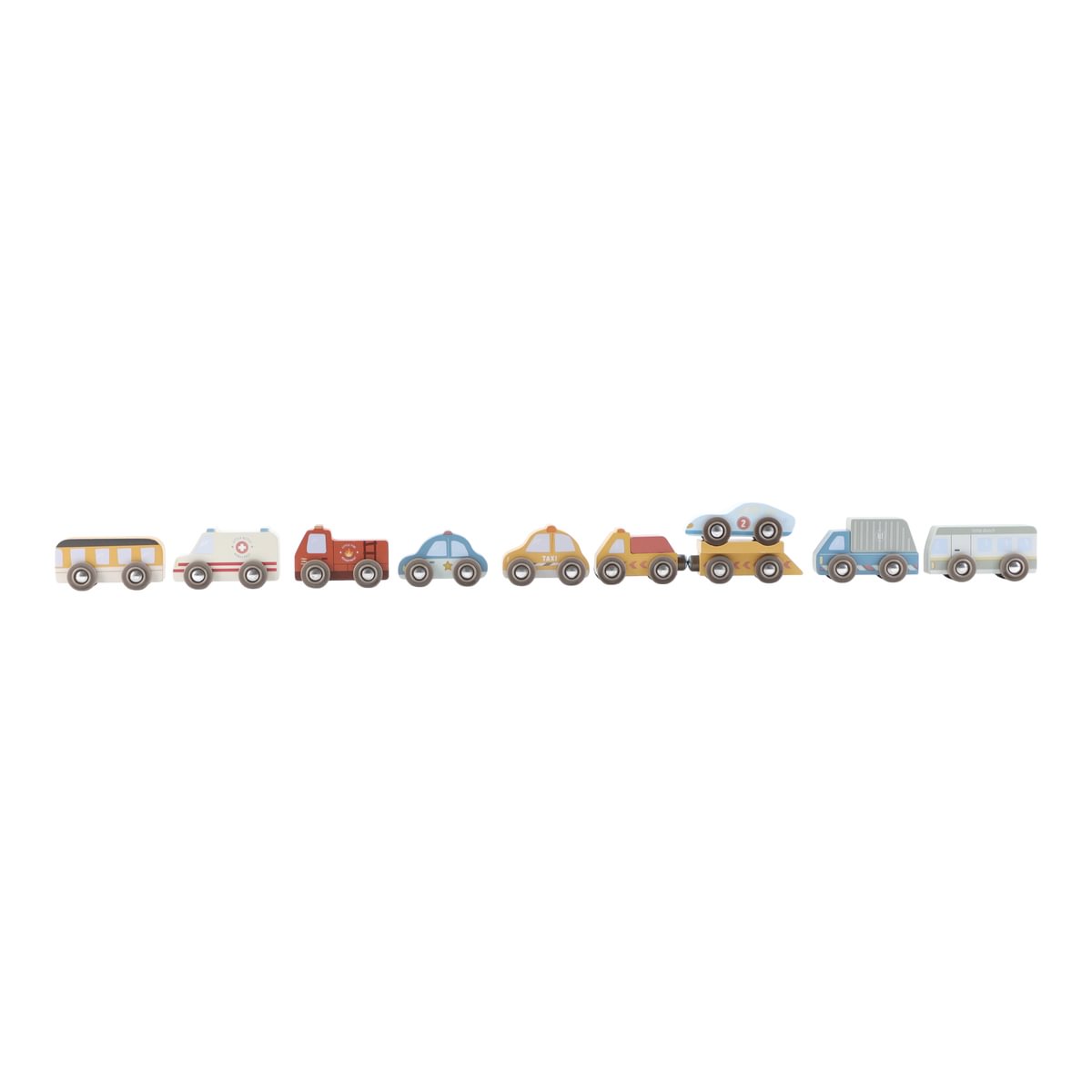 Wooden vehicle set for wooden railway – Fire brigade & Police | Schmatzepuffer