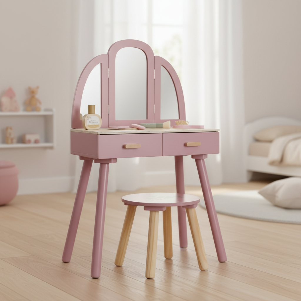 Frisiertisch Kinder aus Holz – Schminktisch mit Spiegel & Zubehör