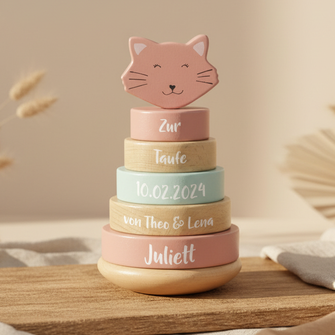 Stapelturm Holz Frau Katze – Geschenk zur Taufe | Schmatzepuffer
