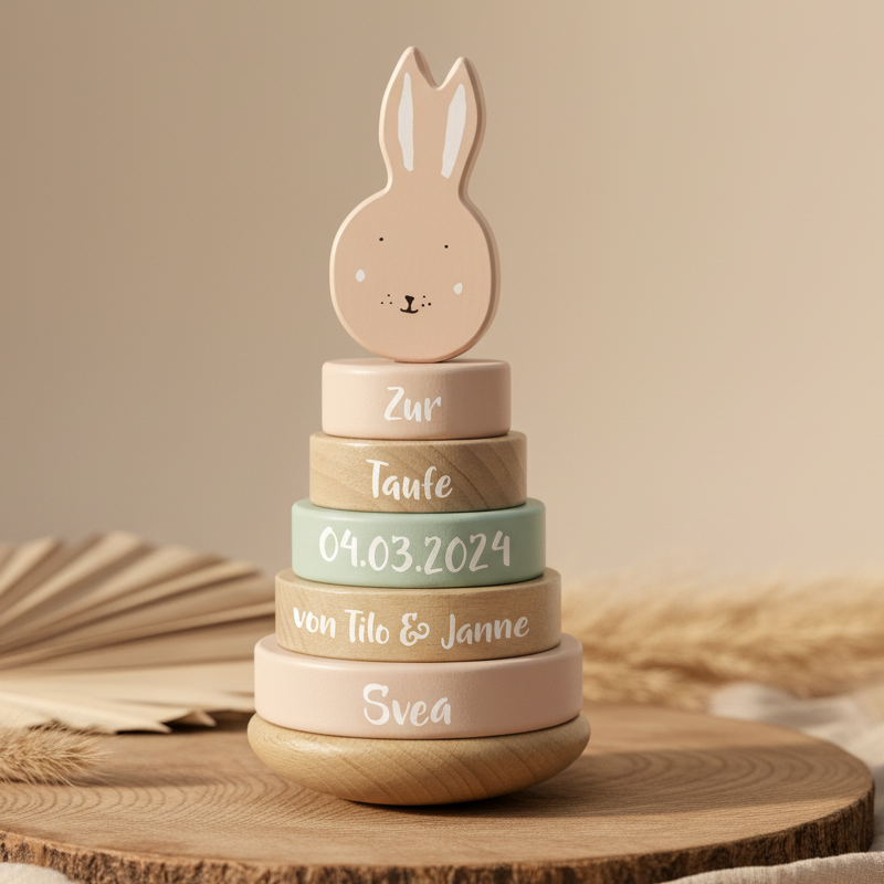 Stapelturm Holz Frau Hase – Geschenk zur Taufe | Schmatzepuffer