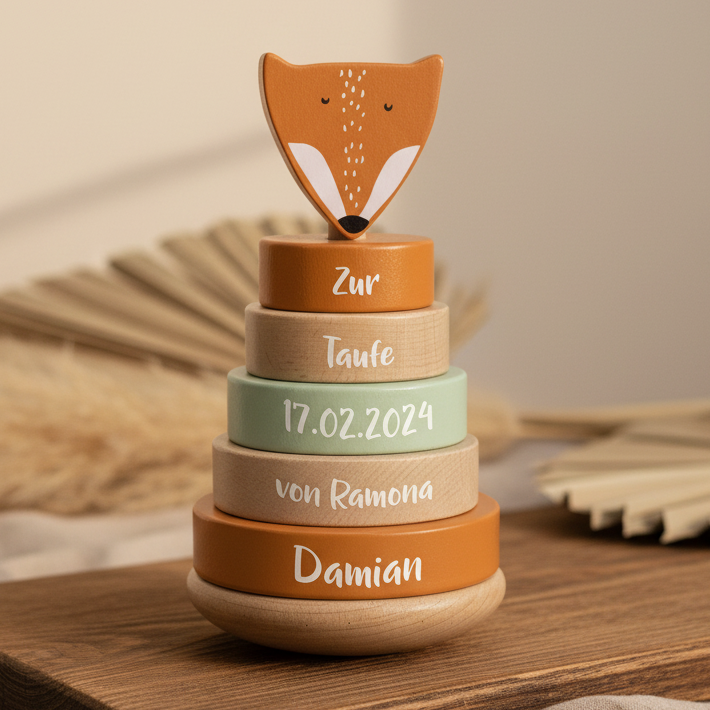 Stapelturm Holz Herr Fuchs – Geschenk zur Taufe | Schmatzepuffer