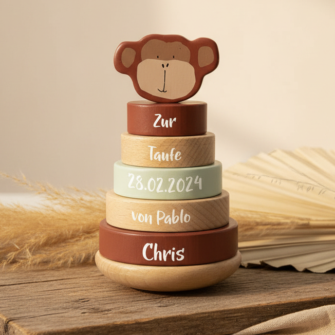 Stapelturm Holz Herr Affe – Geschenk zur Taufe | Schmatzepuffer