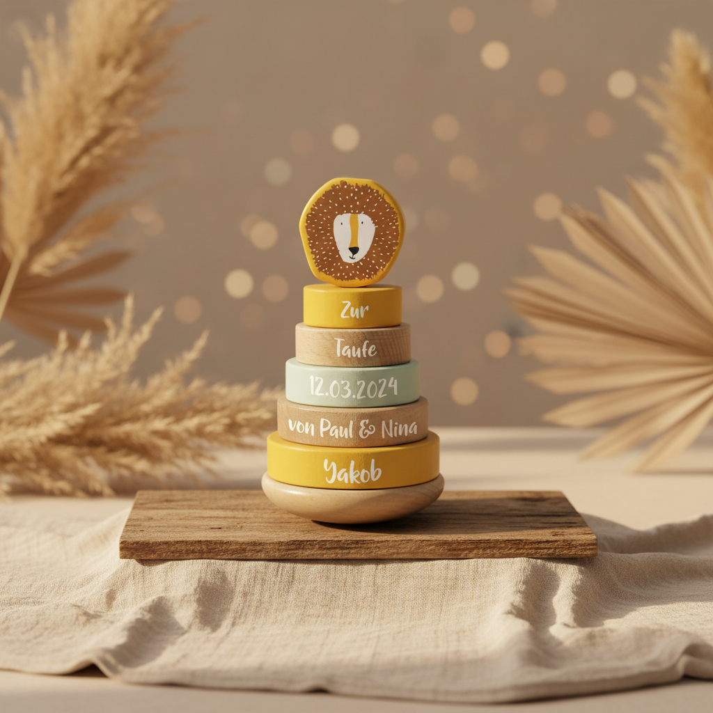 Tour à empiler en bois Monsieur Lion – Cadeau de baptême | Schmatzepuffer