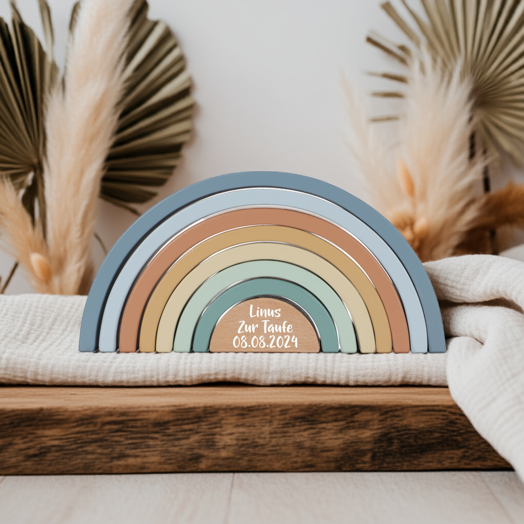 Personalisierter Stapelturm Regenbogen Forest Friends - Geschenk zur Taufe