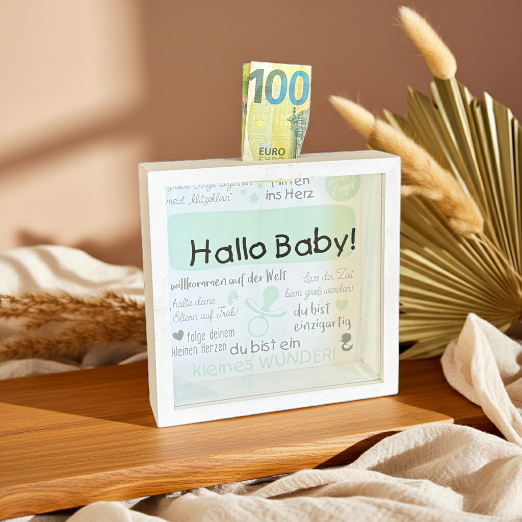 Spardose Hallo Baby – Geldgeschenk zur Geburt | Schmatzepuffer
