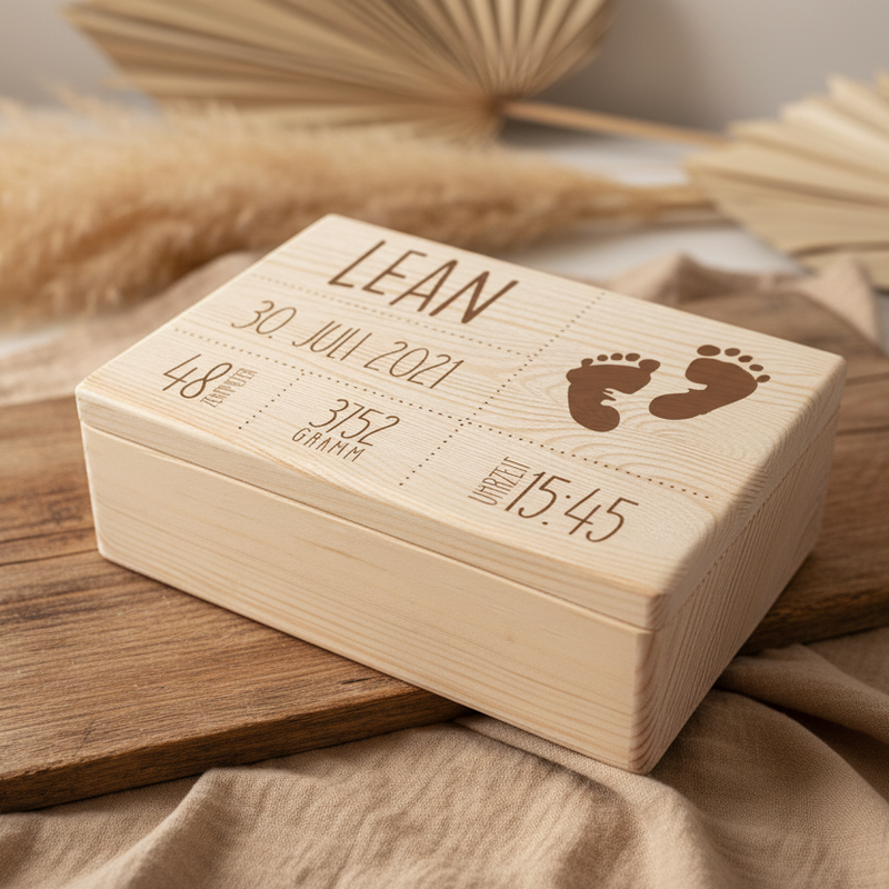 Boîte à souvenirs - Bois naturel - Personnalisée pour une naissance | Schmatzepuffer